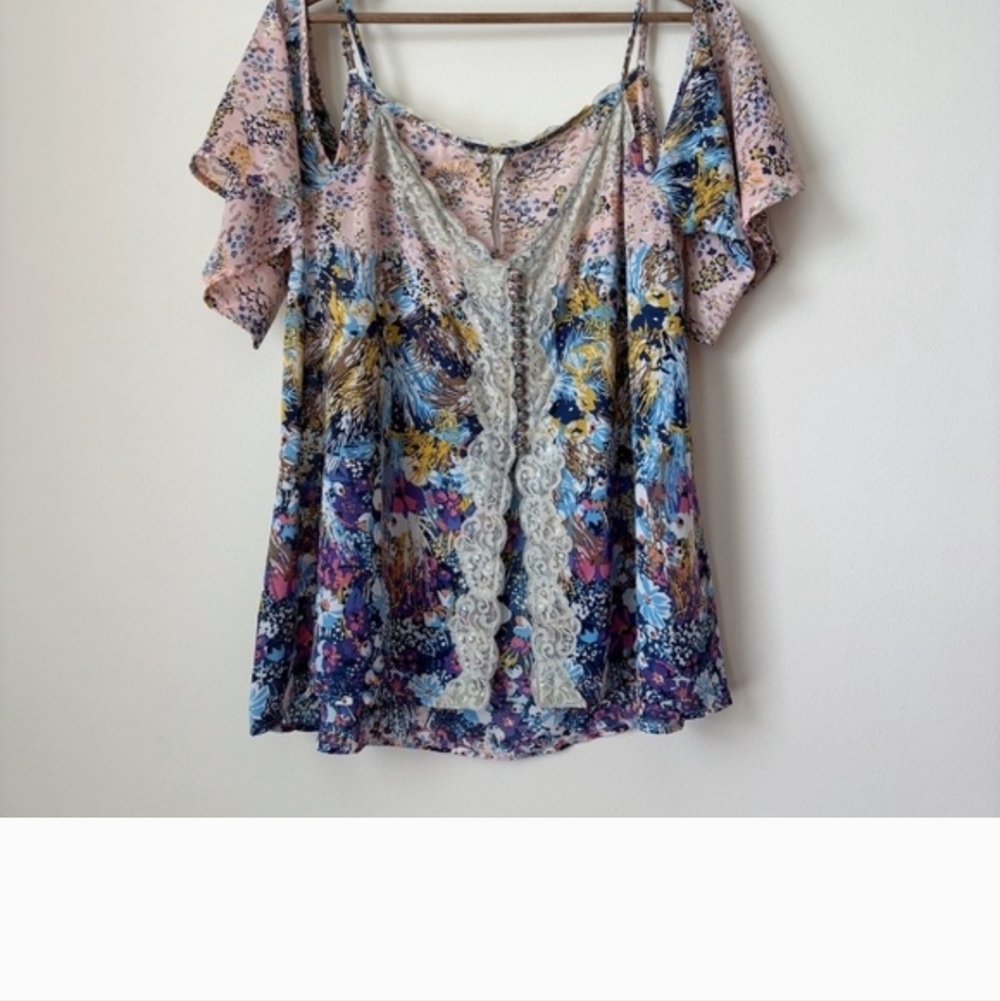 Aratta Silent Journey Midnight Garden Blouse Large Cold Shoulder Floral